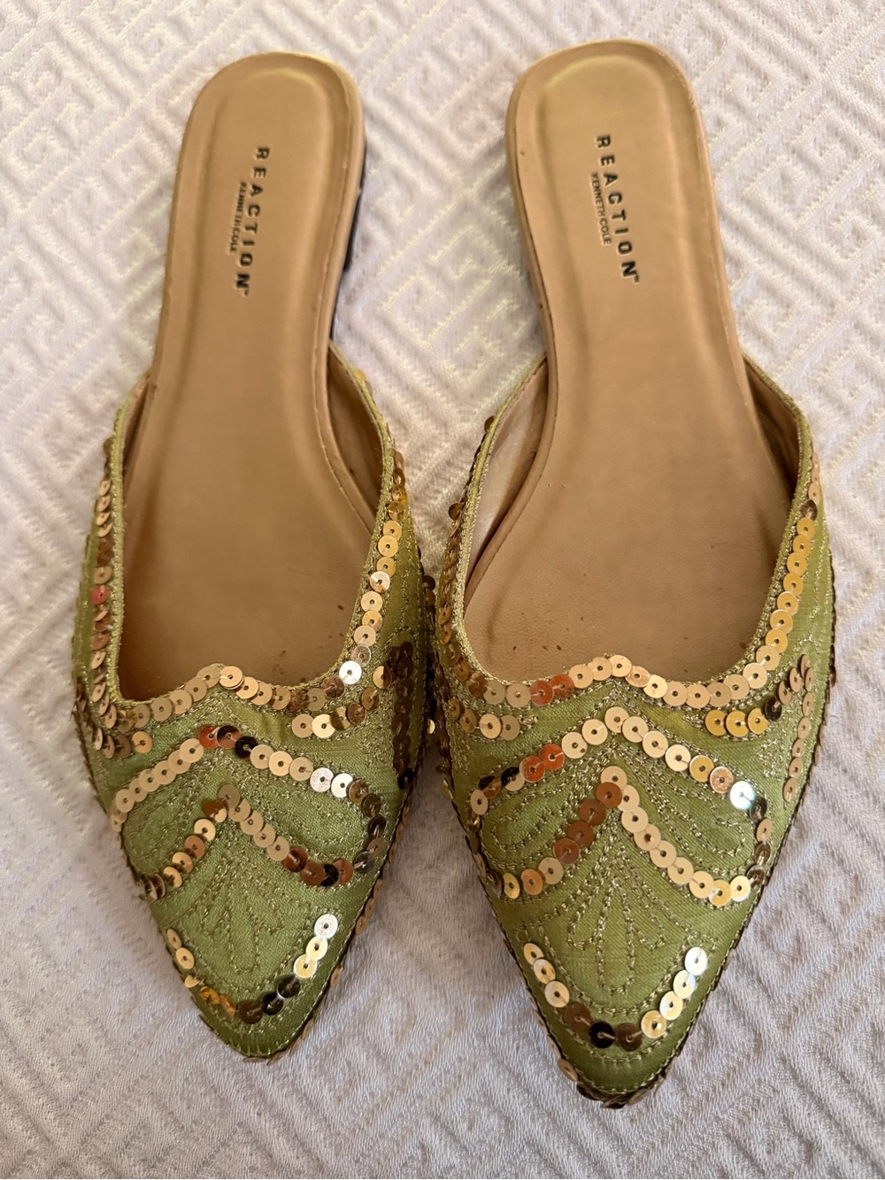 Reaction Kenneth Cole Green Sequin Pointed Mules with Gold Accents